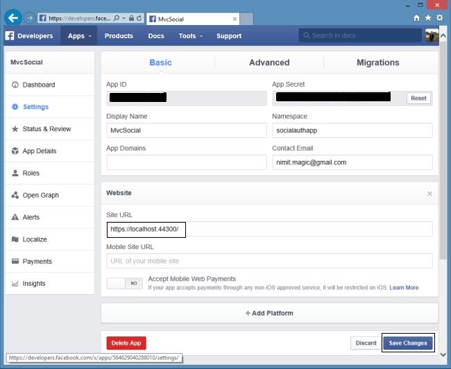 Facebook App Settings for Mvc App
